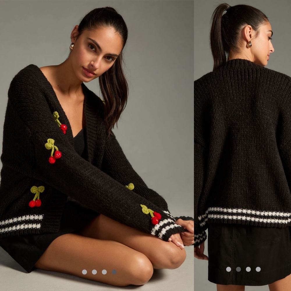 Anthropologie Maeve Black Varsity Cardigan Sweater 3D Cherry - Picture 3 of 8